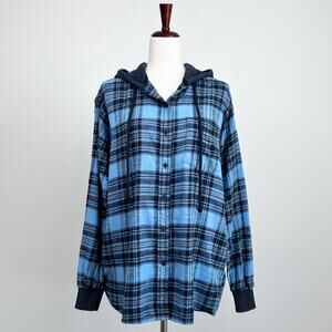 American Eagle Oversized Plaid Flannel Hooded Button-Up Shirt NWT